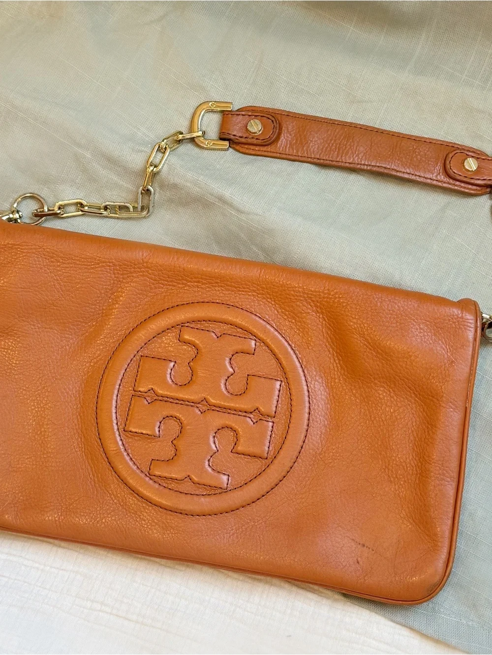 Tory Burch Cognac Leather Logo Clutch with Gold Chain